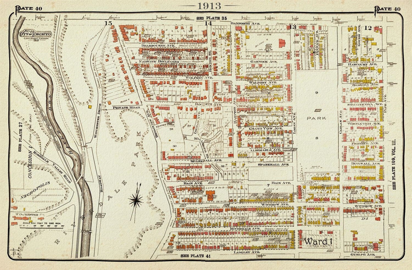 Plate 40, Toronto West, Riverdale North, 1913, map on heavy cotton canvas, 20 x 30" approx. - The Map Chest