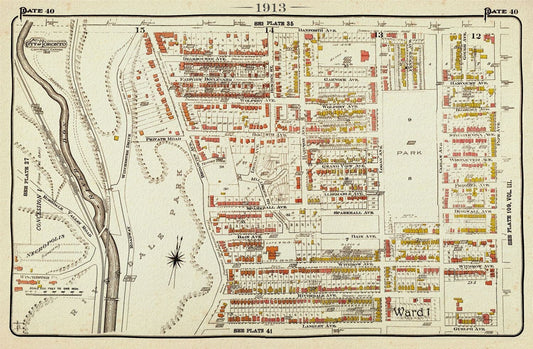 Plate 40, Toronto West, Riverdale North, 1913, map on heavy cotton canvas, 20 x 30" approx. - The Map Chest