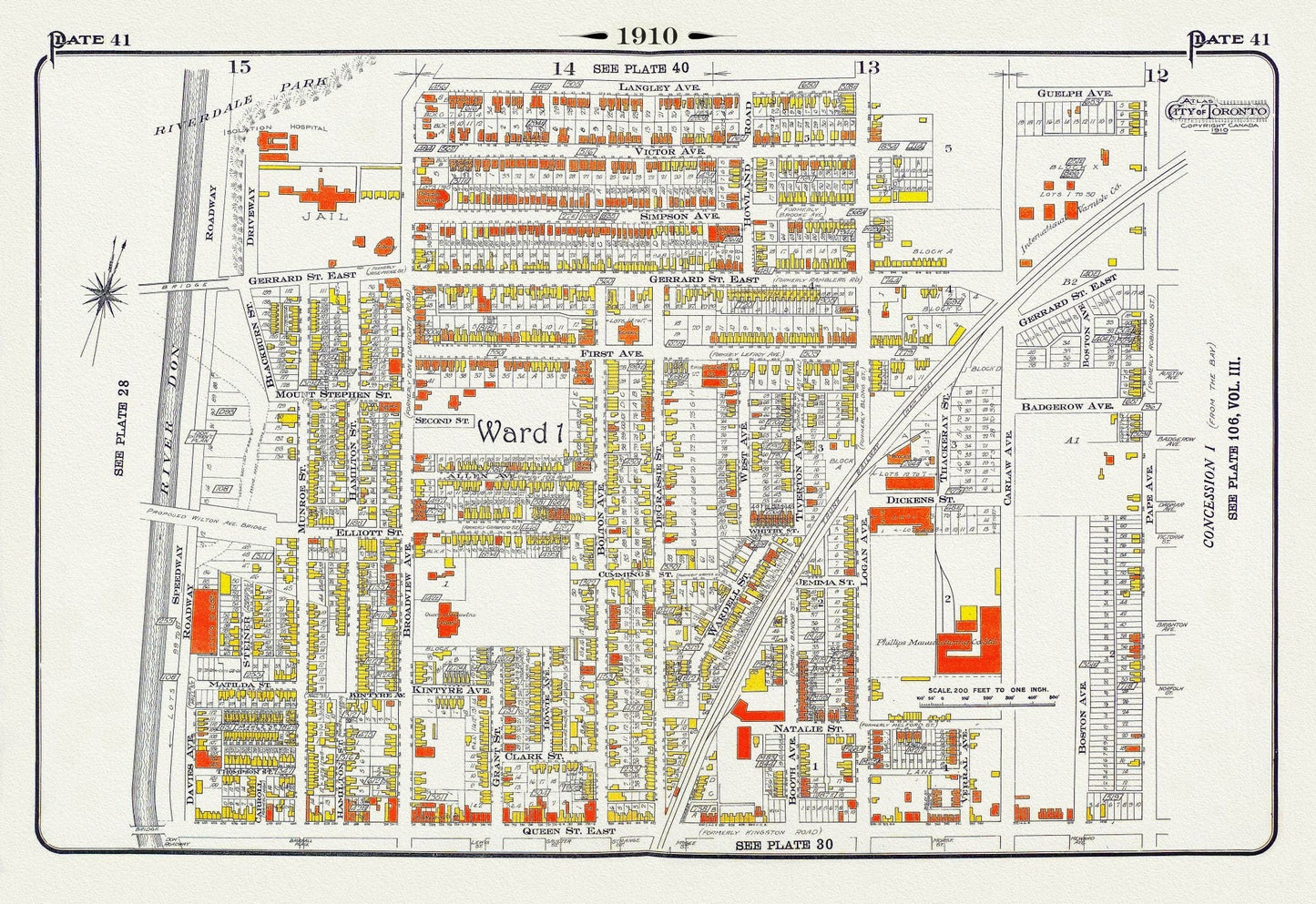 Plate 41, Toronto East, Riverdale & Leslieville, 1910 , map on heavy cotton canvas, 20 x 30" approx. - The Map Chest