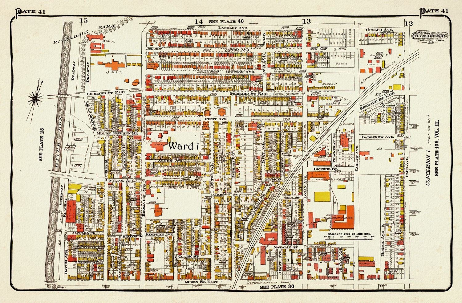 Plate 41, TorontoEast, Riverdale, Leslieville, 1913, map on heavy cotton canvas, 20 x 30" approx. - The Map Chest