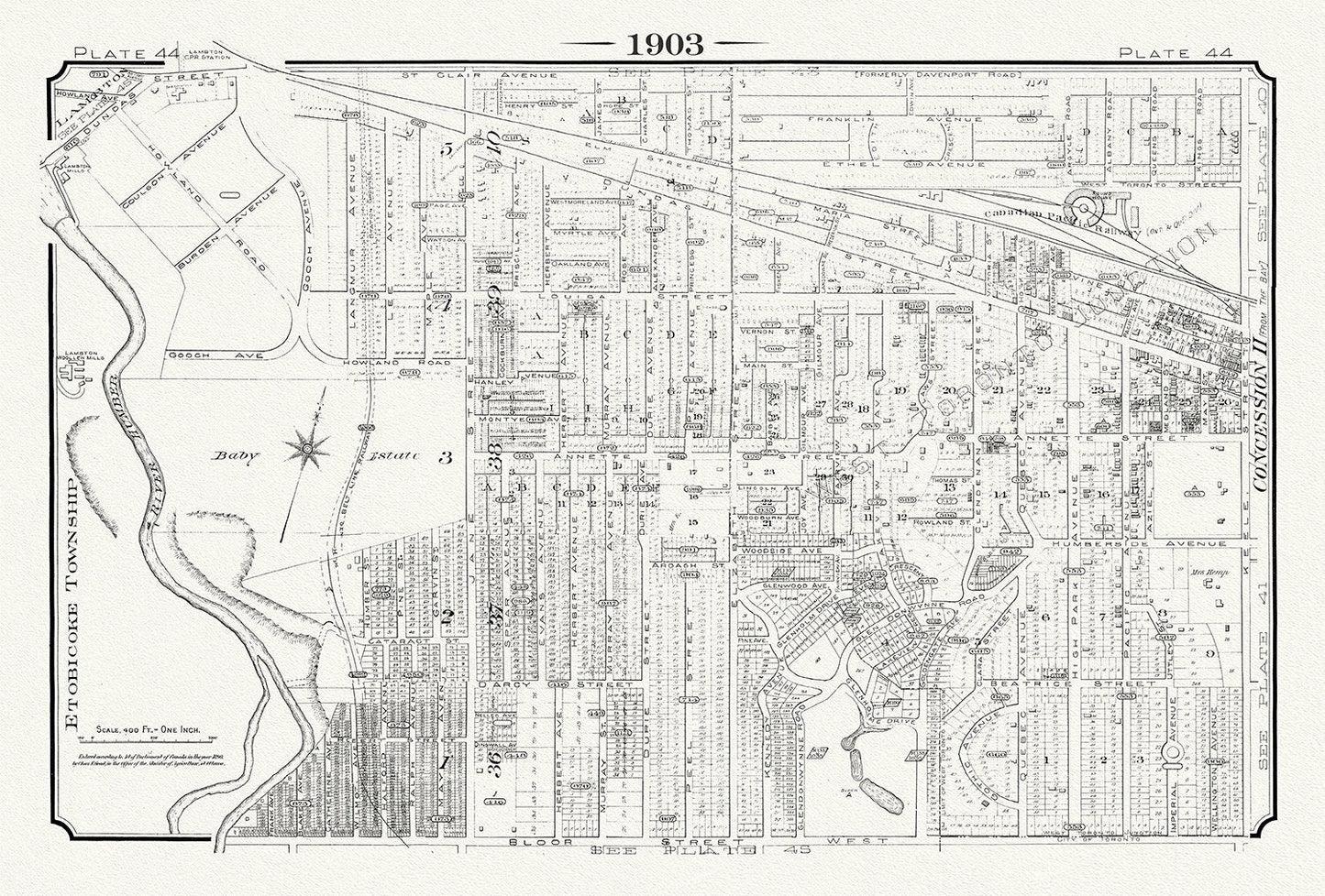 Plate 44, Toronto West, Baby Estate & Junction West, 1903, map on heavy cotton canvas, 20 x 30" or 50 x 75cm. approx. - The Map Chest