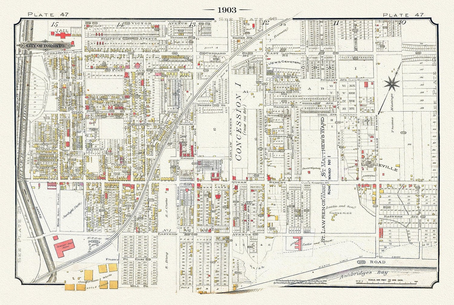 Plate 47, Toronto East, Riverdale & Leslieville, 1903, map on heavy cotton canvas, 20 x 30" or 50 x 75cm. approx. - The Map Chest
