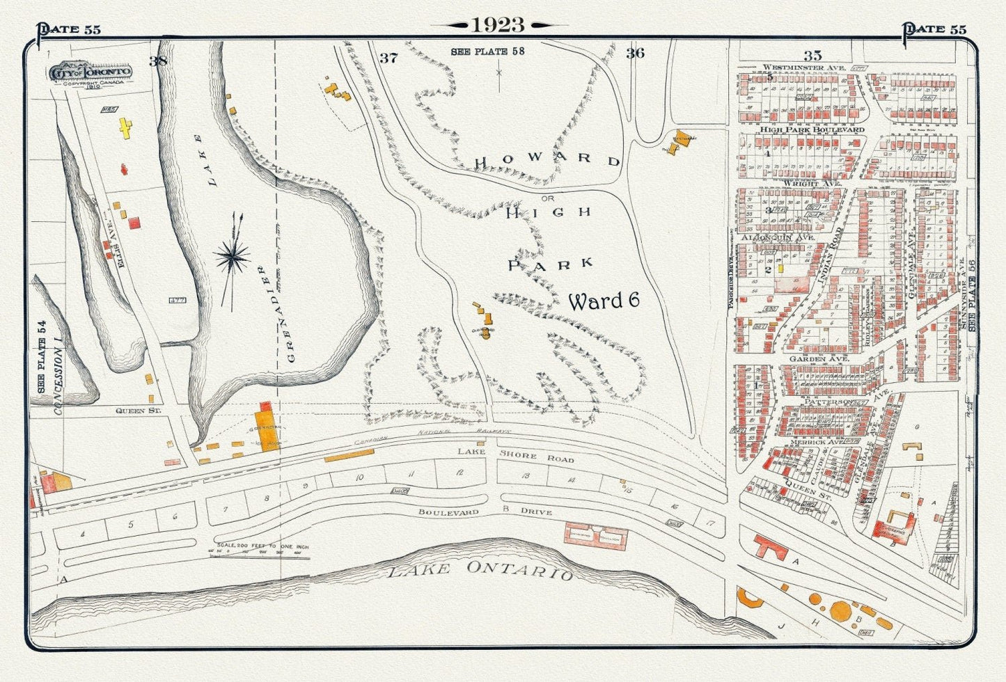 Plate 55, Toronto West, Southern High Park Area, 1923, Map on heavy cotton canvas, 18x27in. approx. - The Map Chest