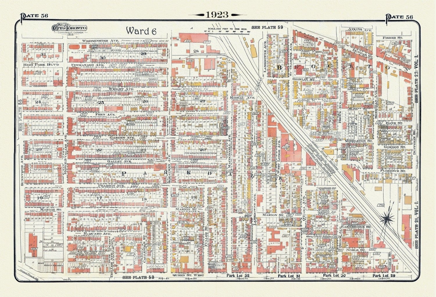 Plate 56, Toronto West, High Park East, Parkdale & Brockton, 1923, Map on heavy cotton canvas, 18x27in. approx. - The Map Chest