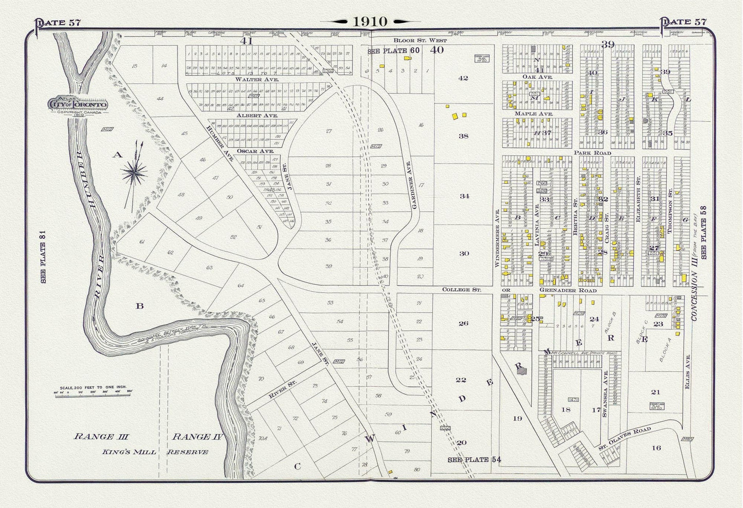 Plate 57, Toronto West, High Park West, South Kingsway & Swansea, 1910, map on heavy cotton canvas, 20 x 30" approx. - The Map Chest