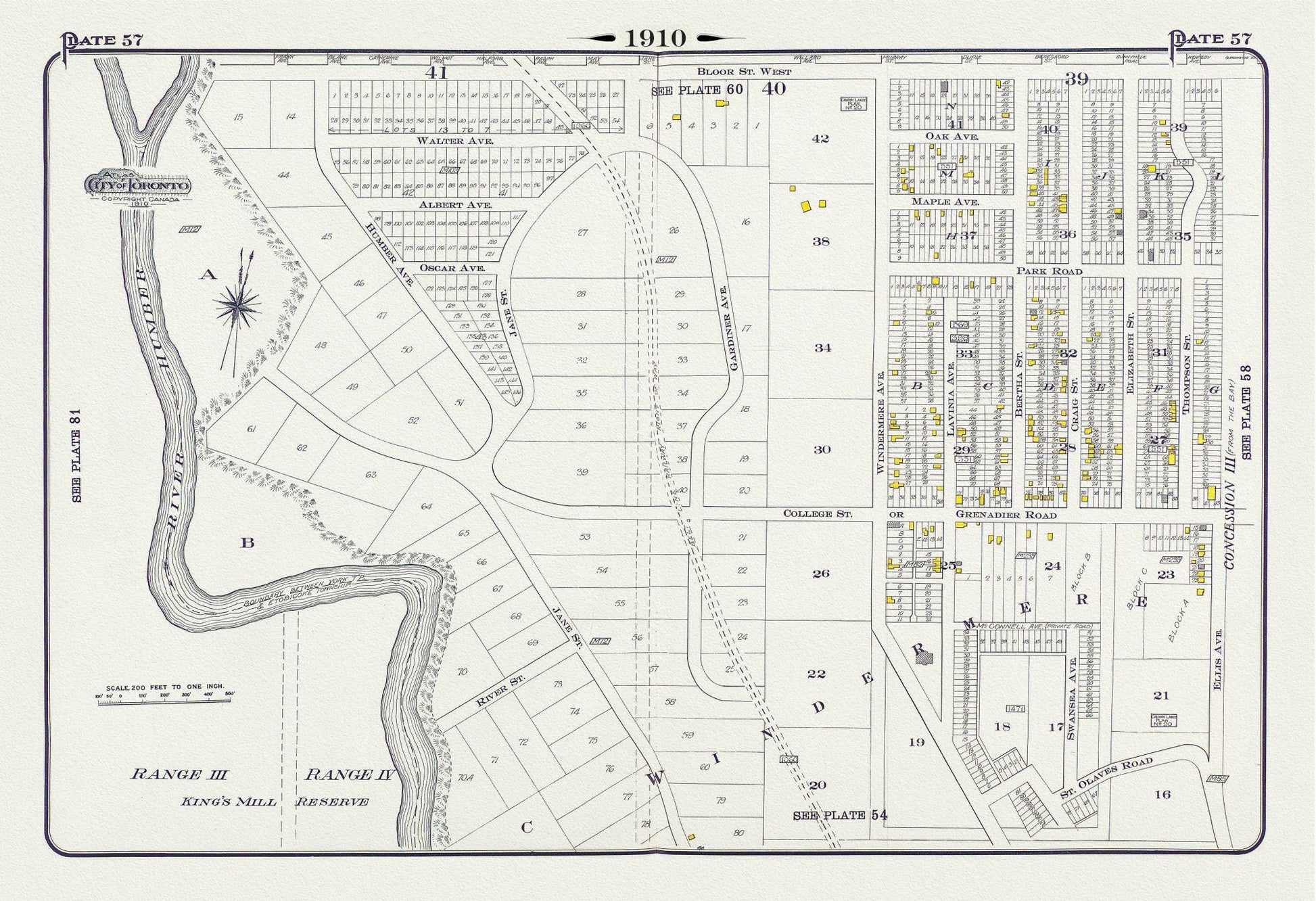 Plate 57, Toronto West, High Park West, South Kingsway & Swansea, 1910, map on heavy cotton canvas, 20 x 30" approx. - The Map Chest