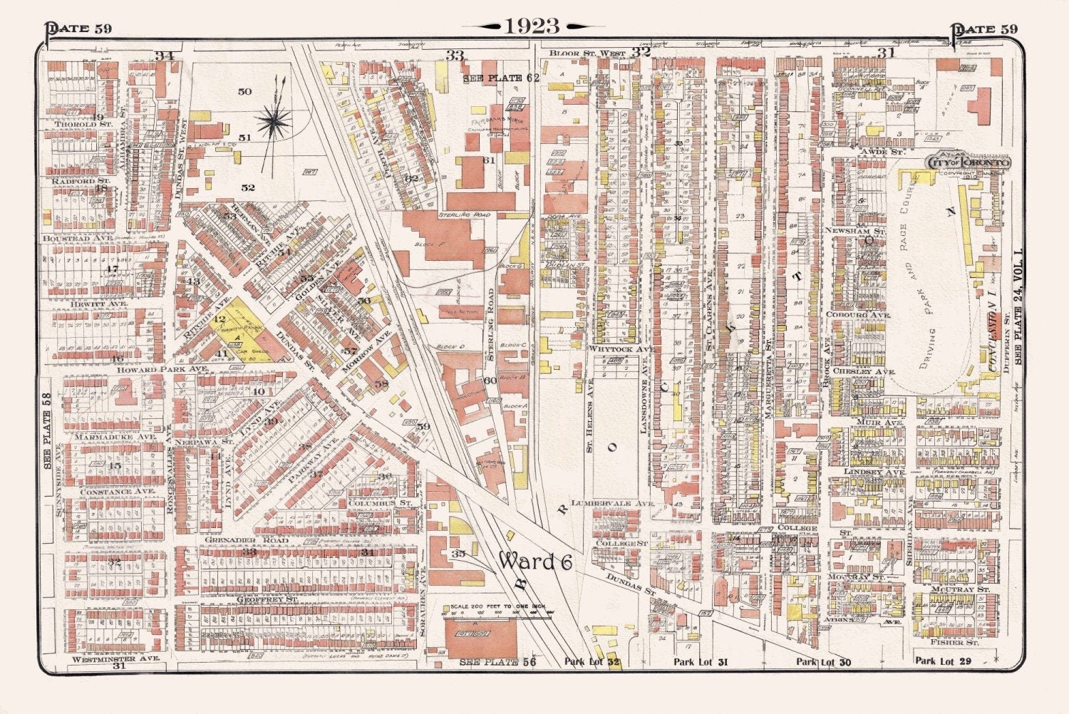 Plate 59, Toronto West, High Park East Side & Brockton, South of Bloor St., 1923, Map on heavy cotton canvas, 18x27in. approx. - The Map Chest