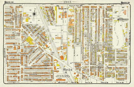 Plate 59, TorontoWest, Roncesvalles, Brockton North, 1913, map on heavy cotton canvas, 20 x 30" or 50 x 75cm. approx. - The Map Chest