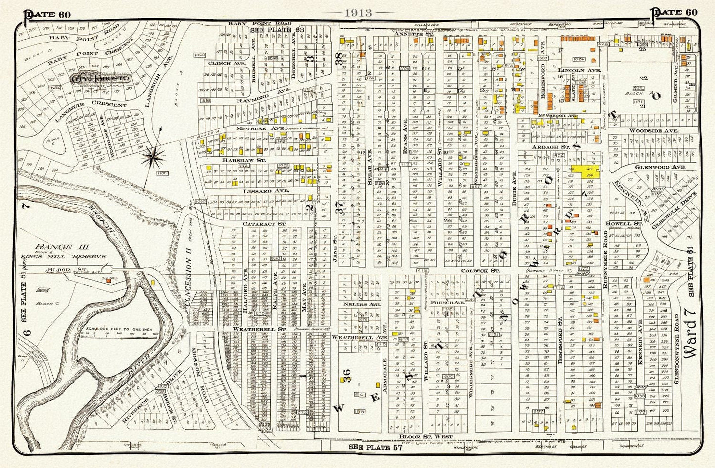 Plate 60, Toronto West, High Park, Bloor West Village North, 1913, map on heavy cotton canvas, 20 x 30" or 50 x 75cm. approx. - The Map Chest