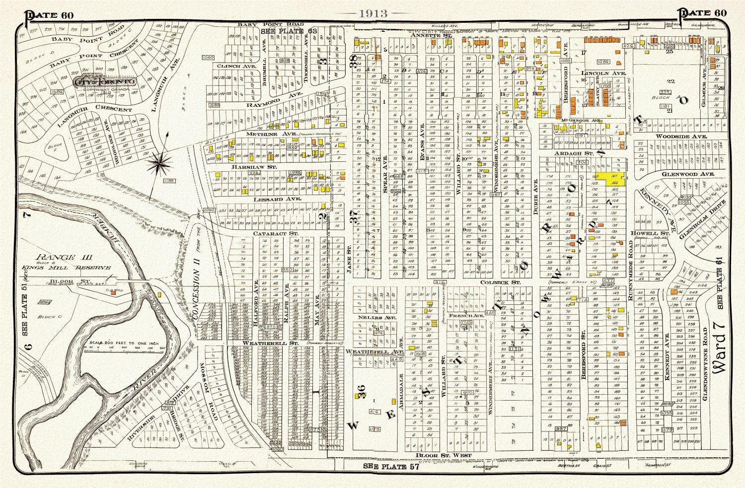Plate 60, Toronto West, High Park, Bloor West Village North, 1913, map on heavy cotton canvas, 20 x 30" or 50 x 75cm. approx. - The Map Chest