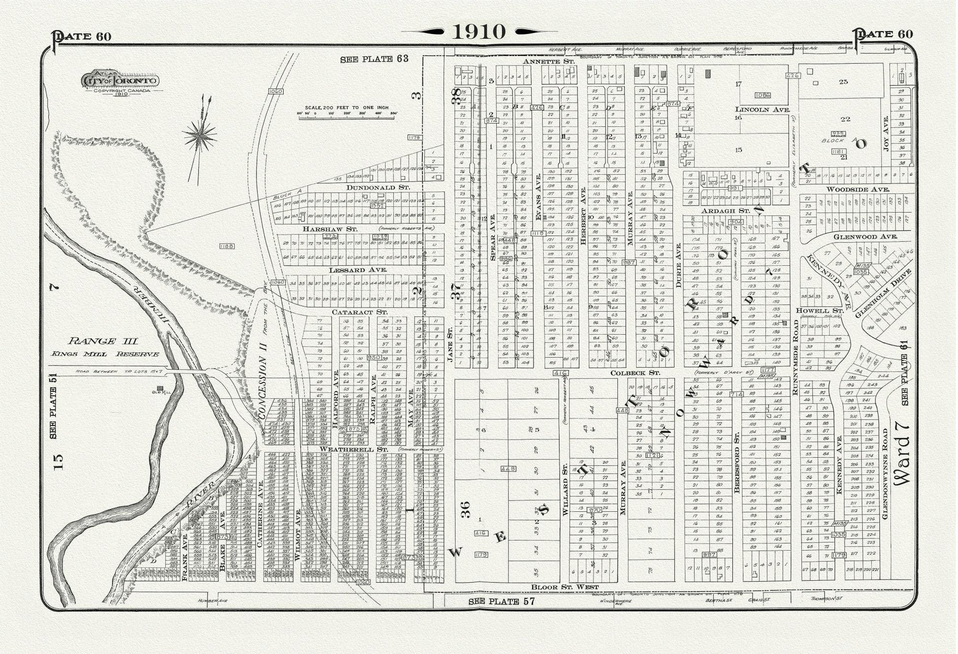 Plate 60, Toronto West, High Park West, Bloor West Village, 1910, map on heavy cotton canvas, 20 x 30" approx. - The Map Chest