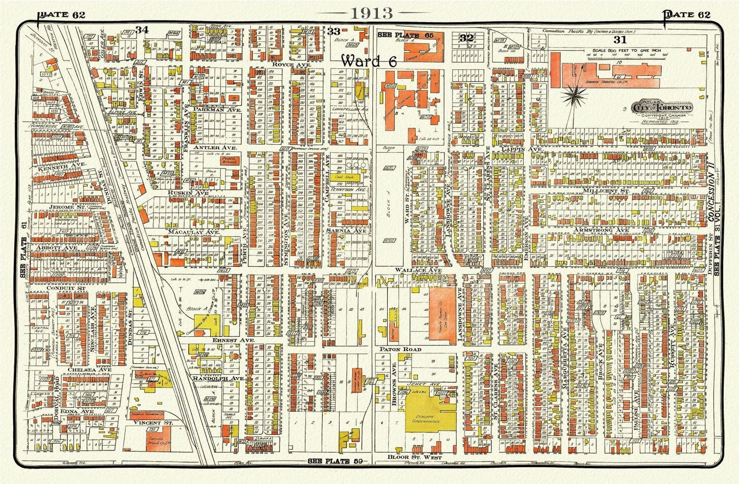 Plate 62, Toronto West, The Junction Triangle, 1913, map on heavy cotton canvas, 20 x 30" or 50 x 75cm. approx. - The Map Chest