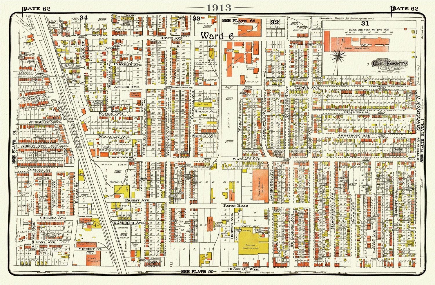 Plate 62, Toronto West, The Junction Triangle, 1913, map on heavy cotton canvas, 20 x 30" or 50 x 75cm. approx. - The Map Chest
