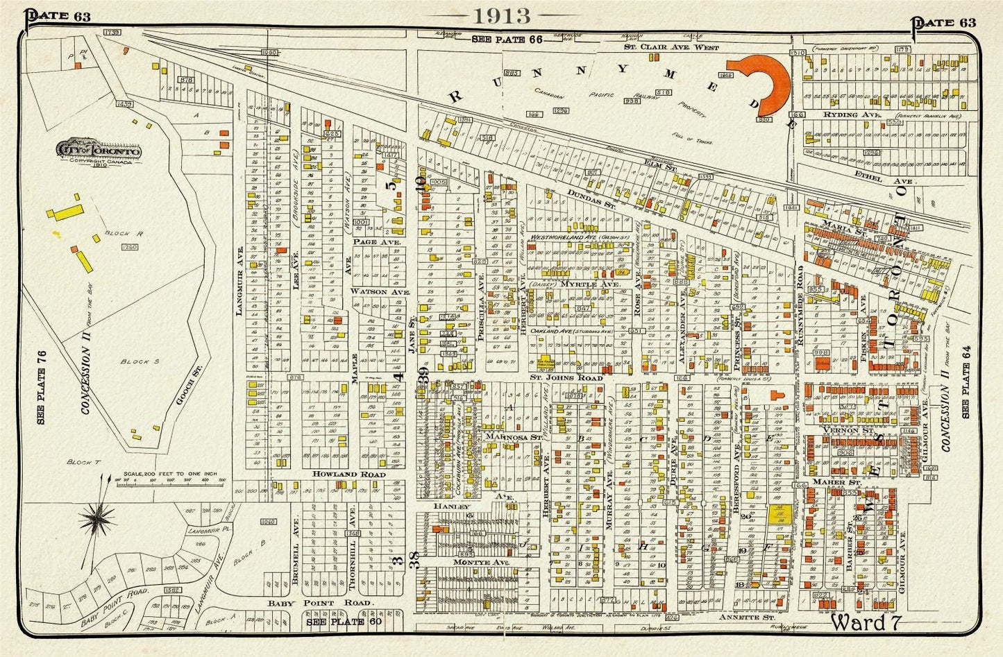 Plate 63, Toronto West, The Junction East to Runnymede, 1913, map on heavy cotton canvas, 20 x 30" or 50 x 75cm. approx. - The Map Chest