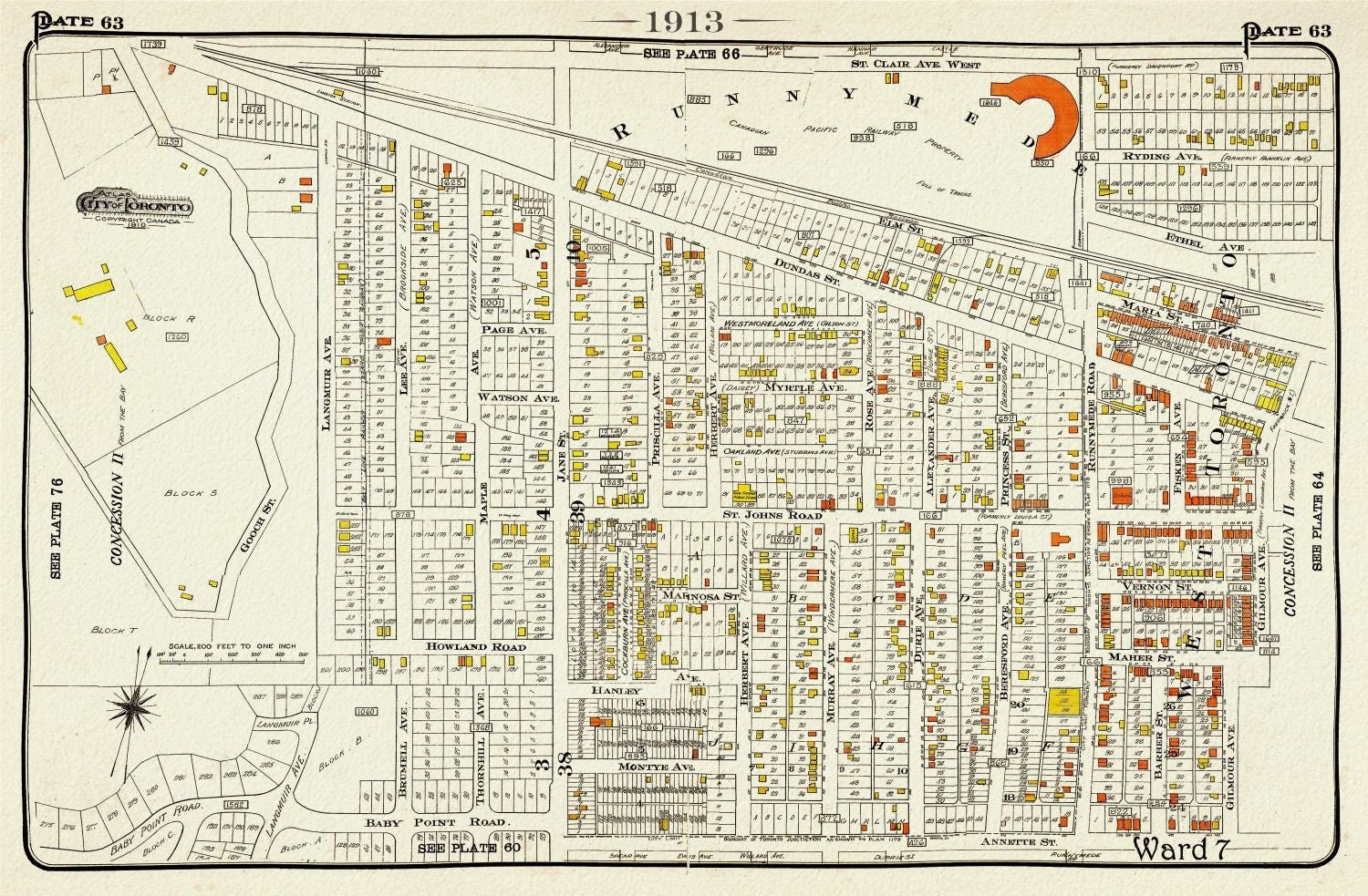 Plate 63, Toronto West, The Junction East to Runnymede, 1913, map on heavy cotton canvas, 20 x 30" or 50 x 75cm. approx. - The Map Chest