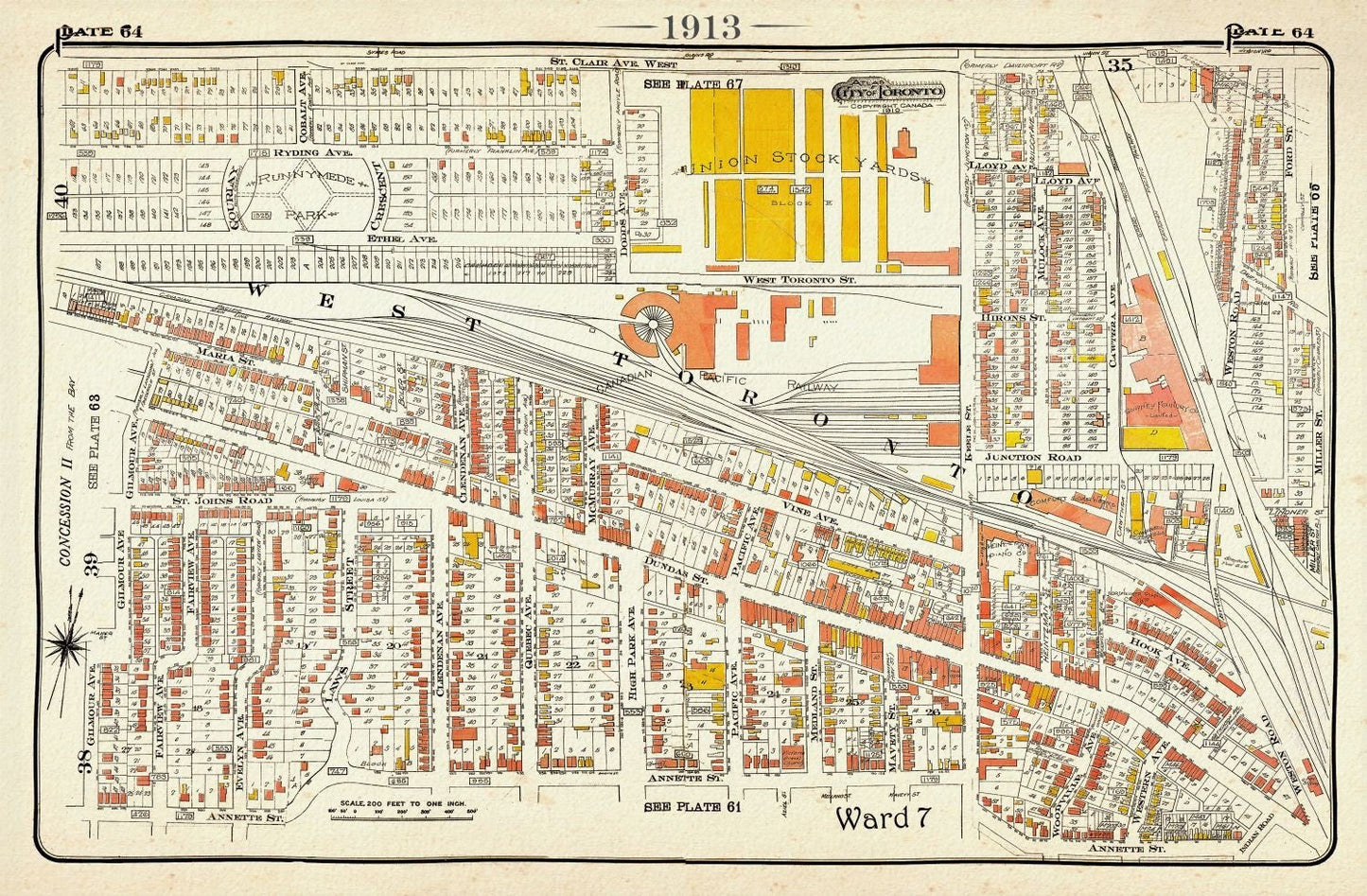 Plate 64, Toronto West, The Junction and Stockyards, 1913, map on heavy cotton canvas, 20 x 30" or 50 x 75cm. approx. - The Map Chest
