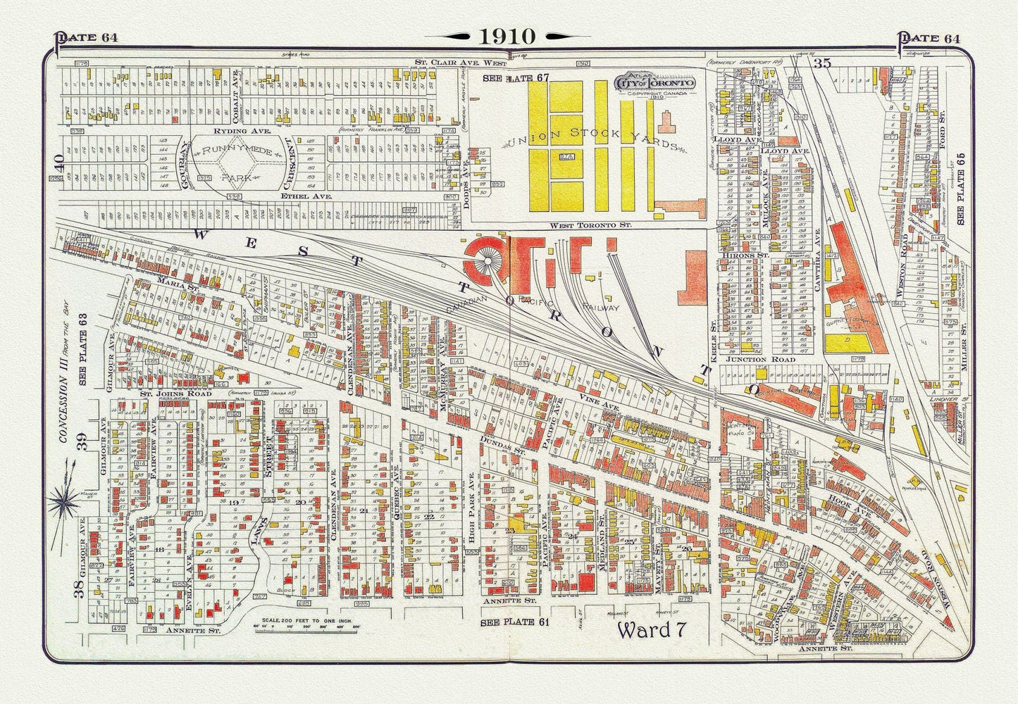 Plate 64, Toronto West, The Junction & Stockyards, 1910 , map on heavy cotton canvas, 20 x 30" approx. - The Map Chest