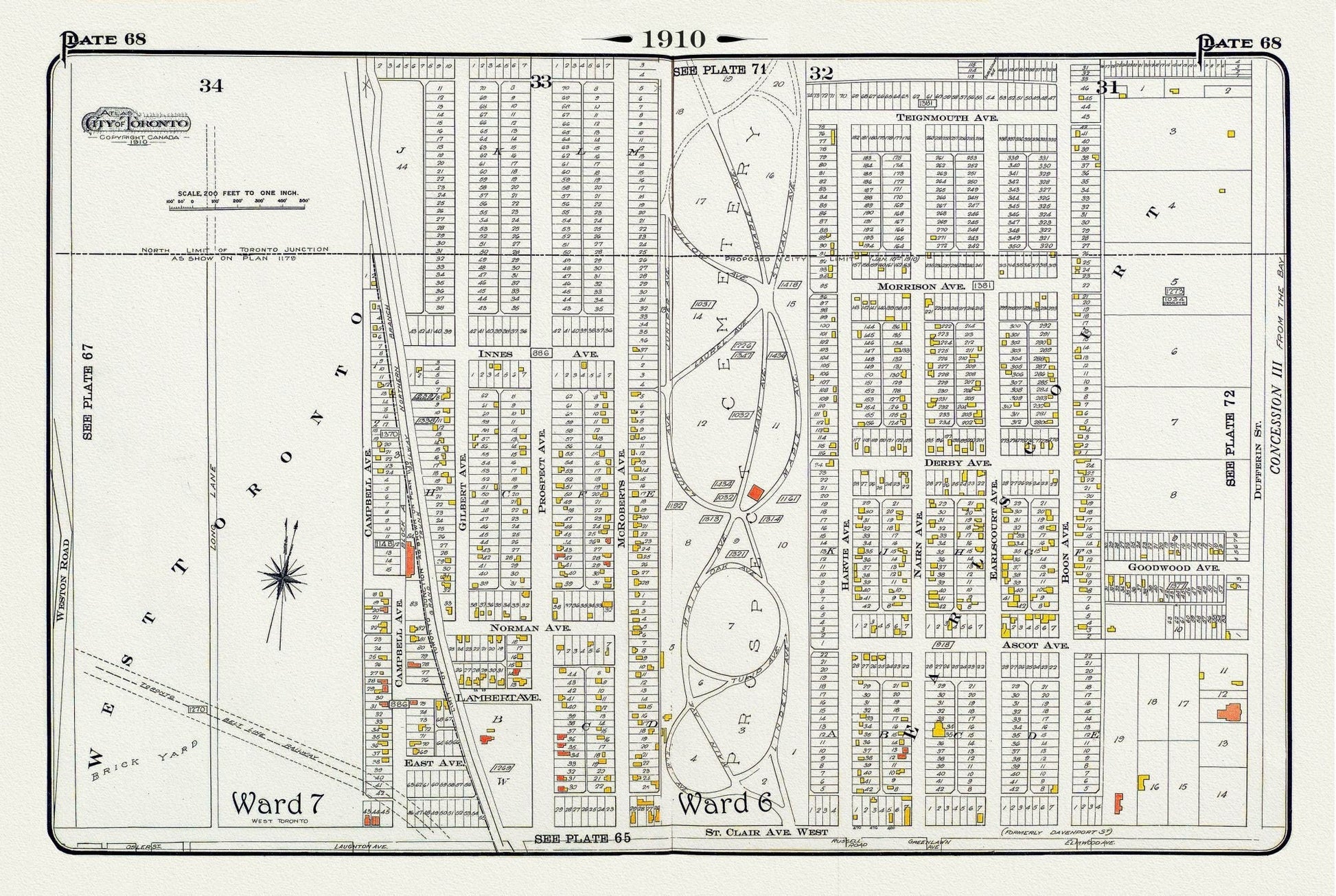 Plate 68, Toronto North West, Caledonia & St. Clair, Prospect Cemetery, 1910 , map on heavy cotton canvas, 20 x 30" approx. - The Map Chest