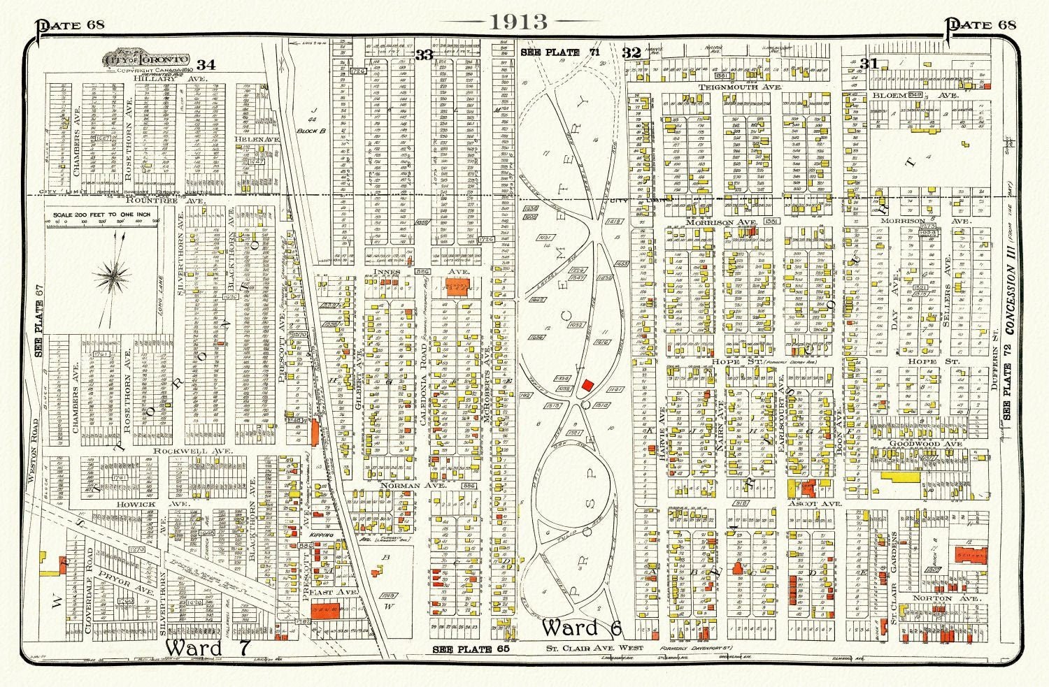 Plate 68, Toronto West, St.Clair, Prospect Cemetery, 1913, map on heavy cotton canvas, 20 x 30" or 50 x 75cm. approx. - The Map Chest