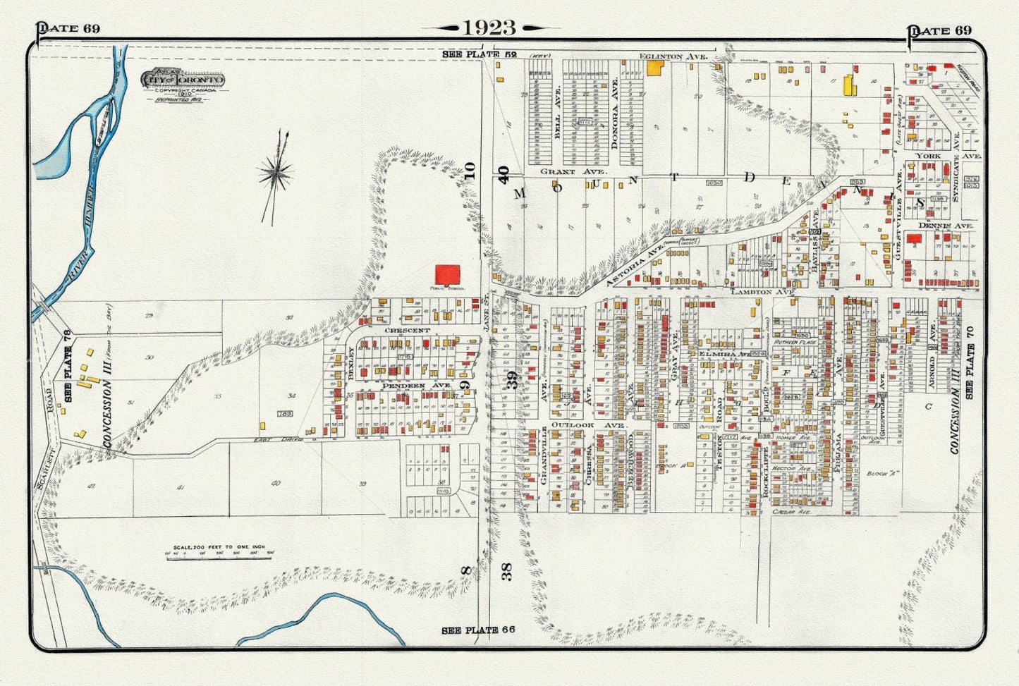 Plate 69, Toronto West, Mount Dennis, Eglinton & Jane, 1923, Map on heavy cotton canvas, 18x27in. approx. - The Map Chest