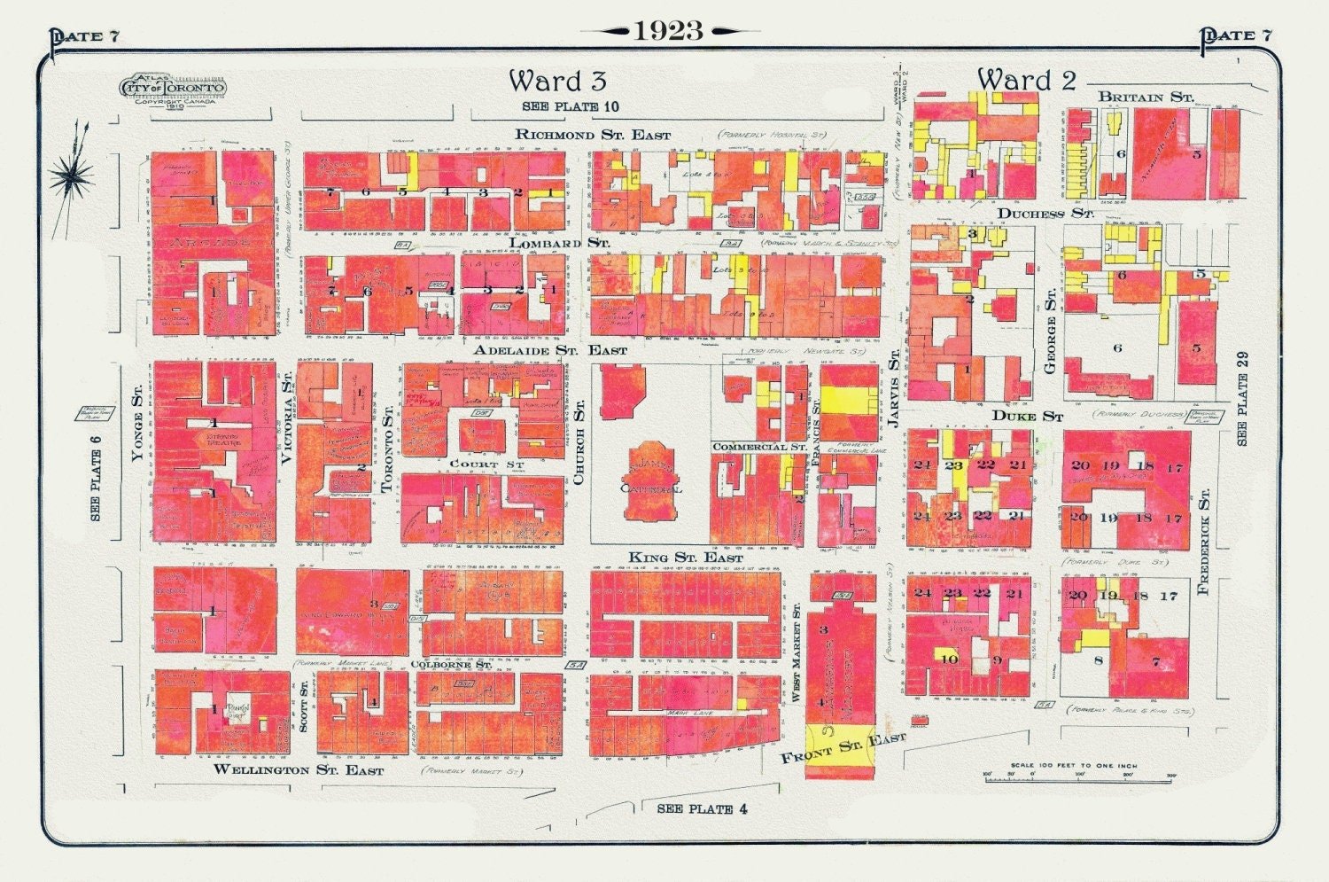 Plate 7, Toronto Downtown East, St. James Cathedral, Jarvis St.,1923, Map on heavy cotton canvas,18x27in. approx. - The Map Chest