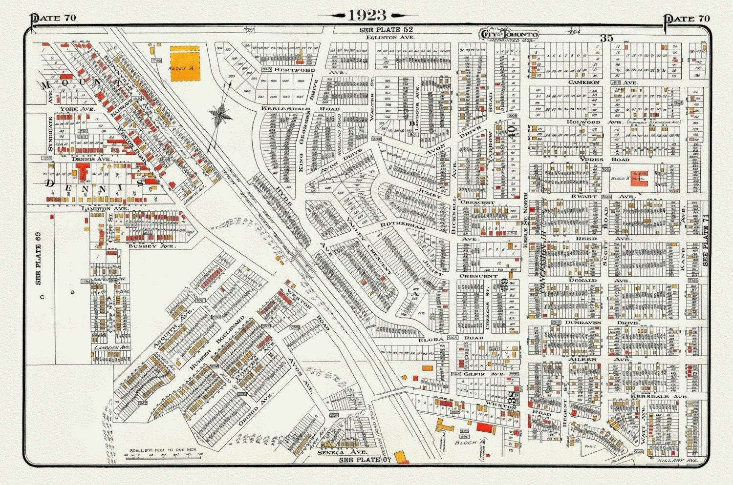 Plate 70, Toronto West and North, Weston Road & Mount Dennis, 1923, Map on heavy cotton canvas, 18x27in. approx. - The Map Chest