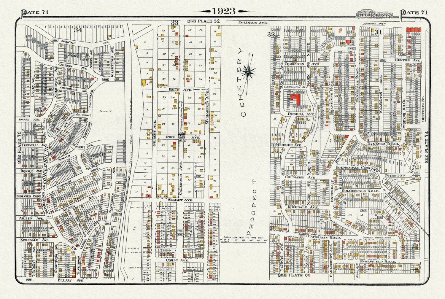 Plate 71, Toronto West North, Prospect Cemetery, 1923, Map on heavy cotton canvas, 18x27in. approx. - The Map Chest