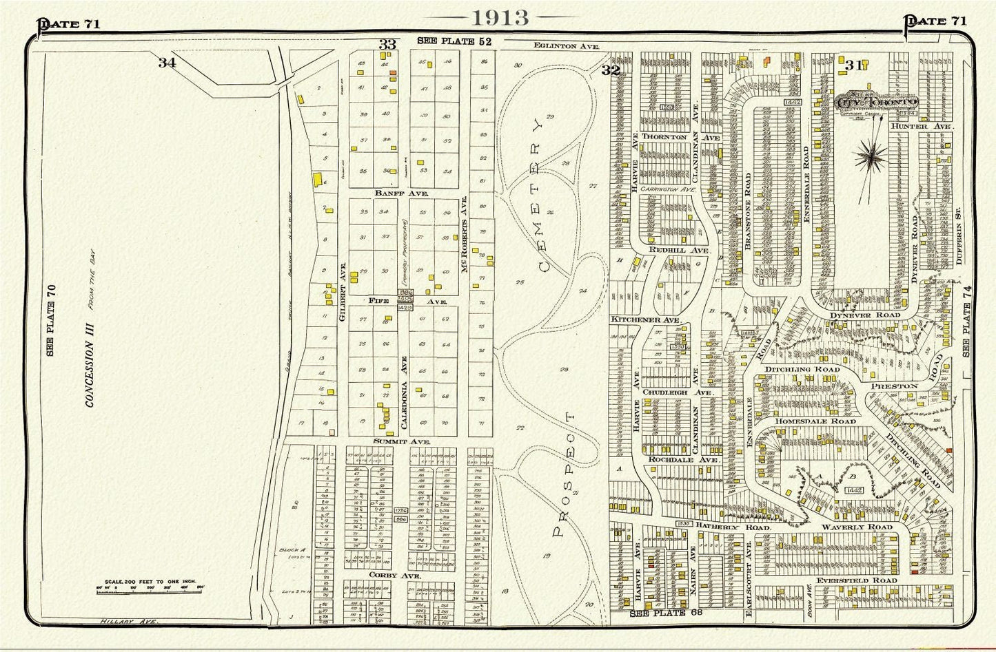 Plate 71, Toronto West, Prospect Cemetery, 1913, map on heavy cotton canvas, 20 x 30" or 50 x 75cm. approx. - The Map Chest