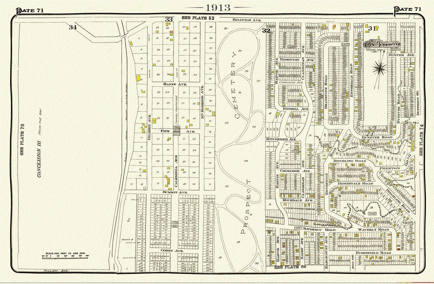 Plate 71, Toronto West, Prospect Cemetery, 1913, map on heavy cotton canvas, 20 x 30" or 50 x 75cm. approx. - The Map Chest