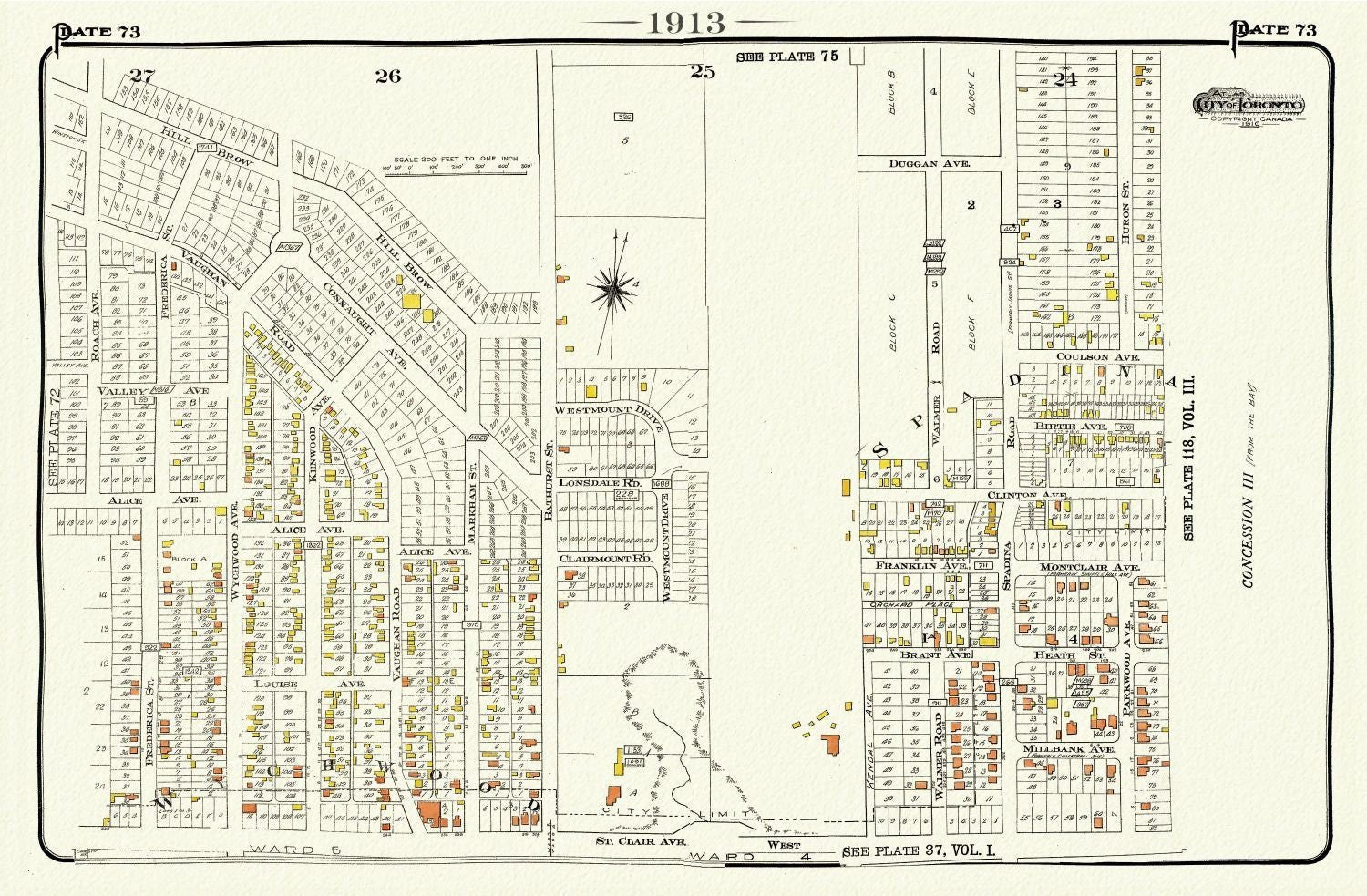 Plate 73, Toronto West, St. Clair & Vaughan Rd., 1913, map on heavy cotton canvas, 20 x 30" or 50 x 75cm. approx. - The Map Chest