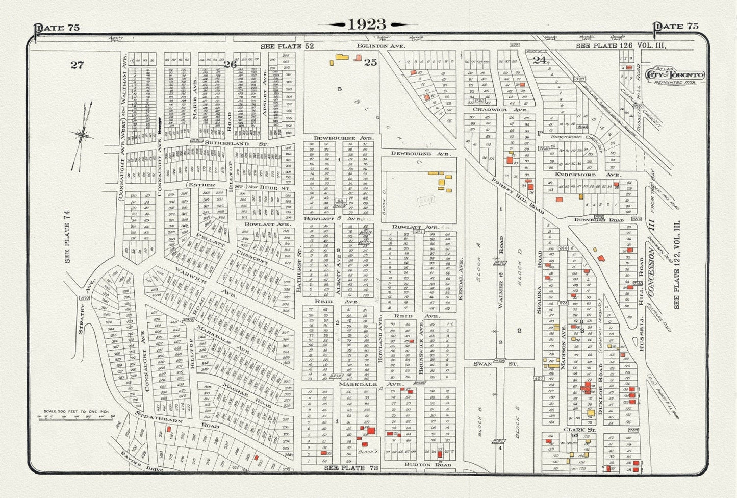 Plate 75, Toronto Uptown West, Forrest Hill at Bathurst Street, 1923, Map on heavy cotton canvas, 18x27in. approx. - The Map Chest