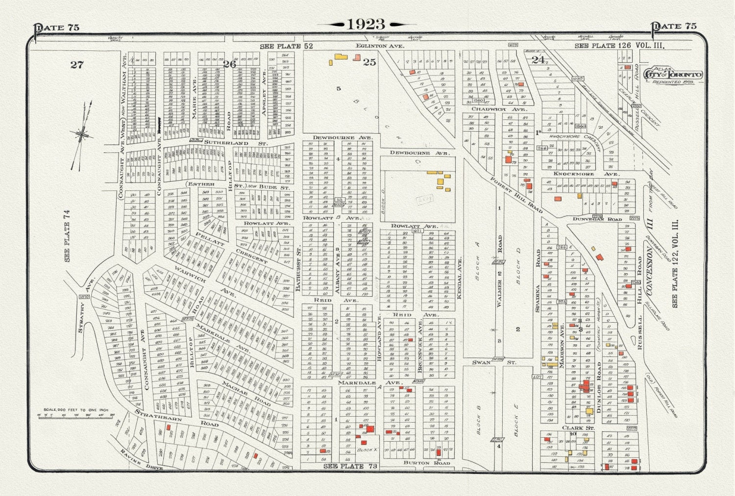 Plate 75, Toronto Uptown West, Forrest Hill at Bathurst Street, 1923, Map on heavy cotton canvas, 18x27in. approx. - The Map Chest