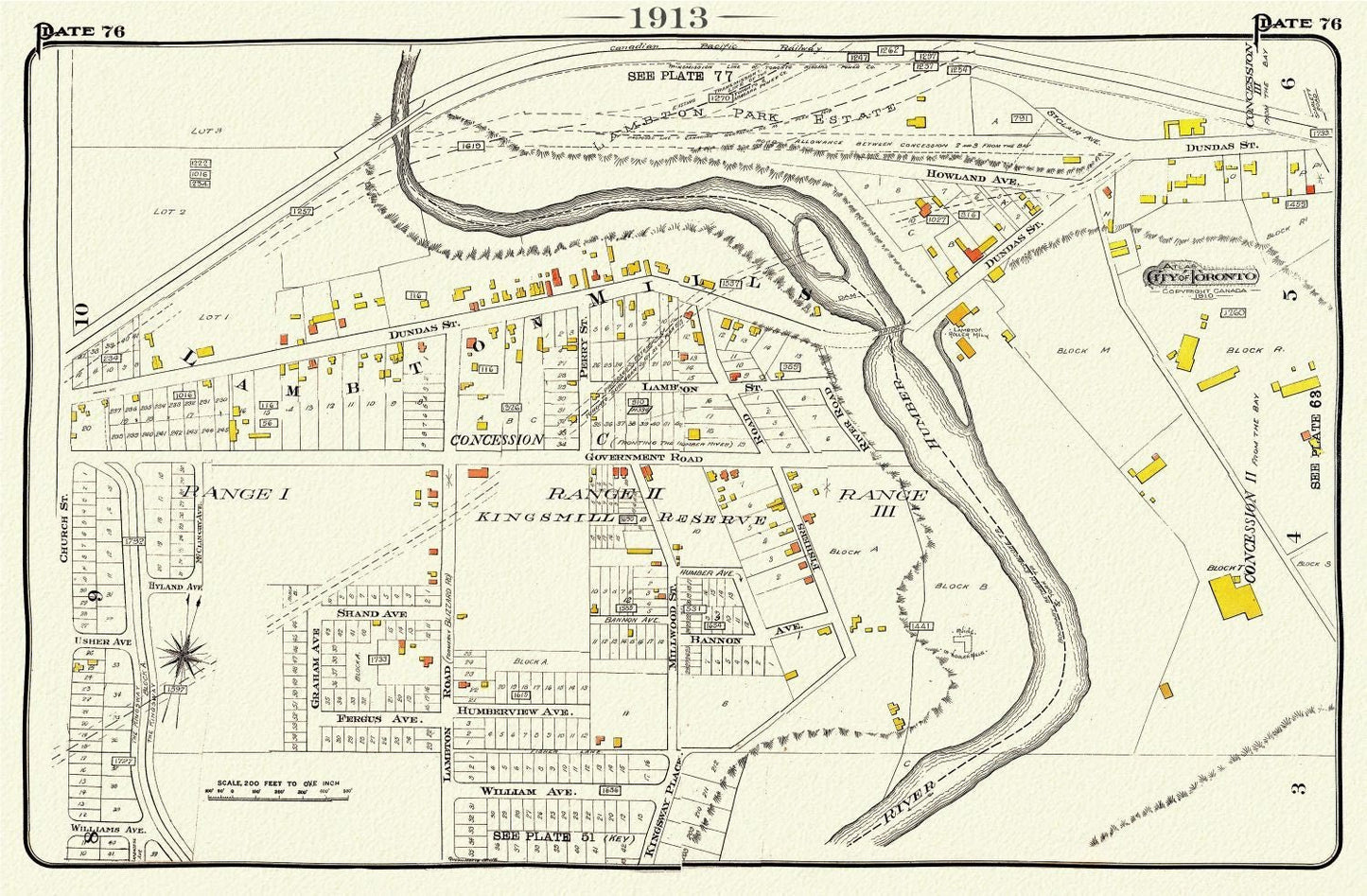 Plate 76, Toronto West, Etobicoke, Kingsway, Lambton, 1913, map on heavy cotton canvas, 20 x 30" or 50 x 75cm. approx. - The Map Chest