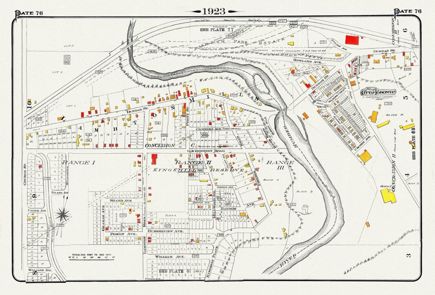 Plate 76, Toronto West, Etobicoke, Lambton Mills & Kingsway, 1923, Map on heavy cotton canvas, 18x27in. approx. - The Map Chest