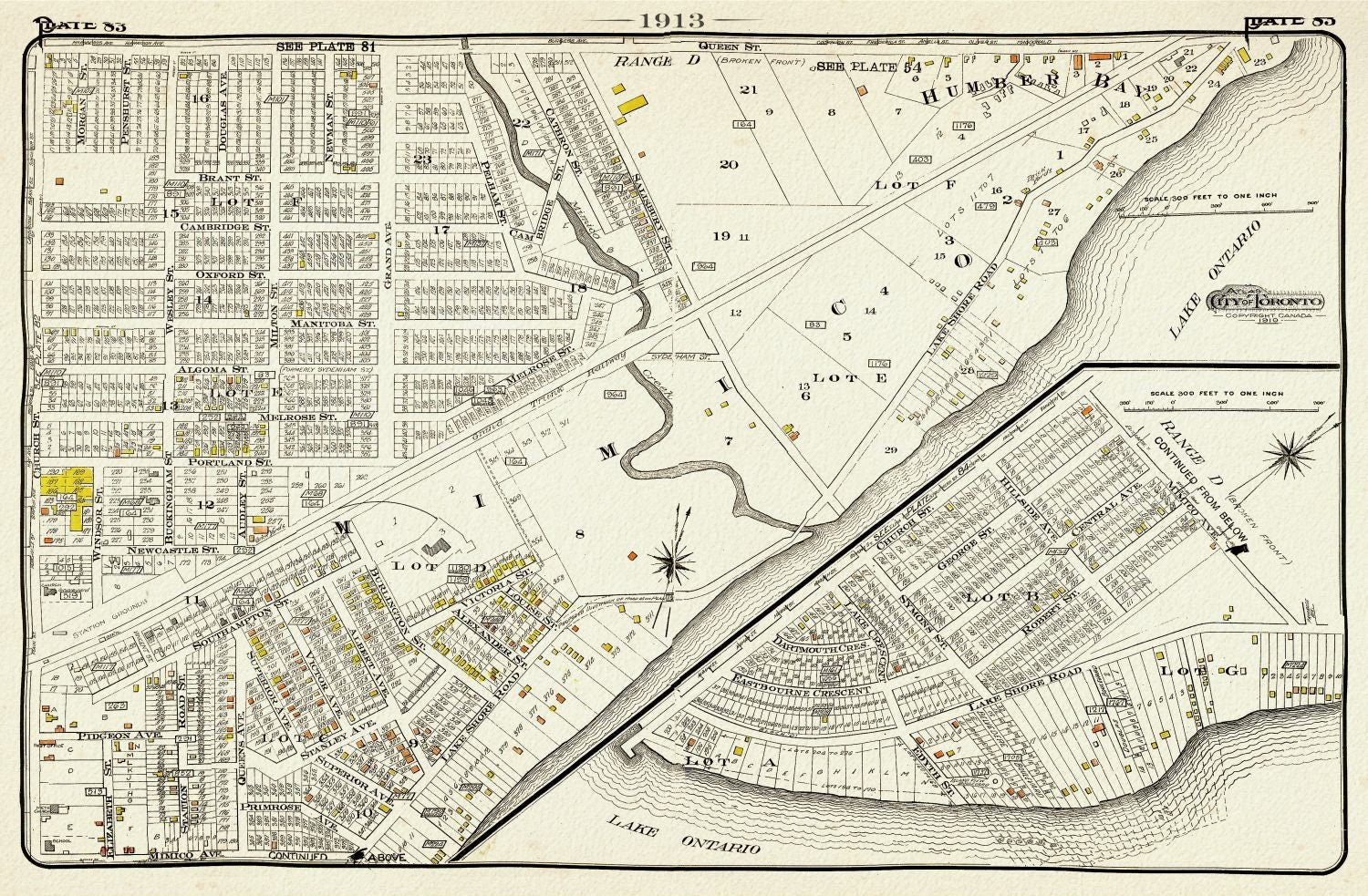 Plate 83, Toronto West, South Etobicoke South, Mimico, 1913, map on heavy cotton canvas, 20 x 30" or 50 x 75cm. approx. - The Map Chest