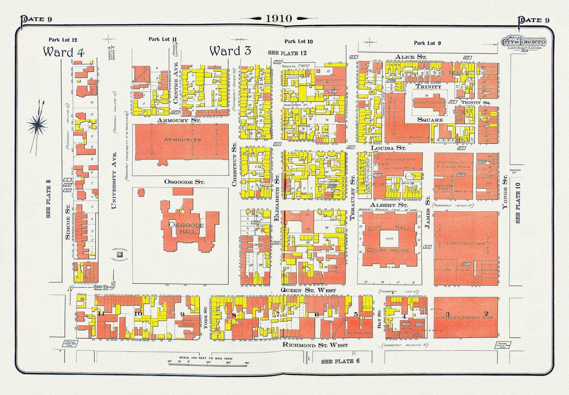 Plate 9, Toronto Downtown, City Hall, St. John's Ward, 1910 , map on heavy cotton canvas, 20 x 30" approx. - The Map Chest