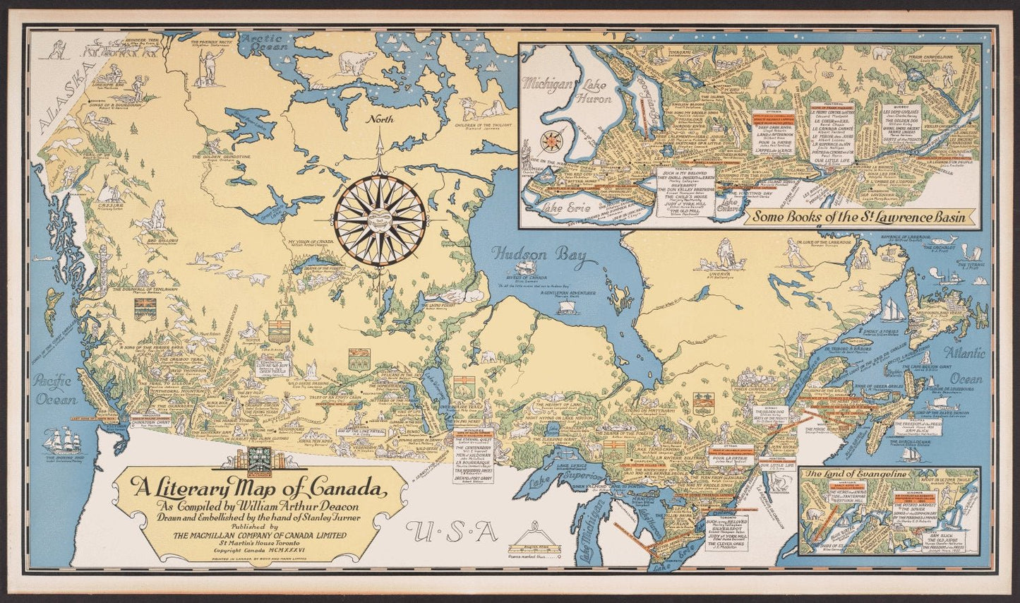 Poster Map Print on heavy Canvas, A Literary Map of Canada,1936, 22x27" approx. - The Map Chest