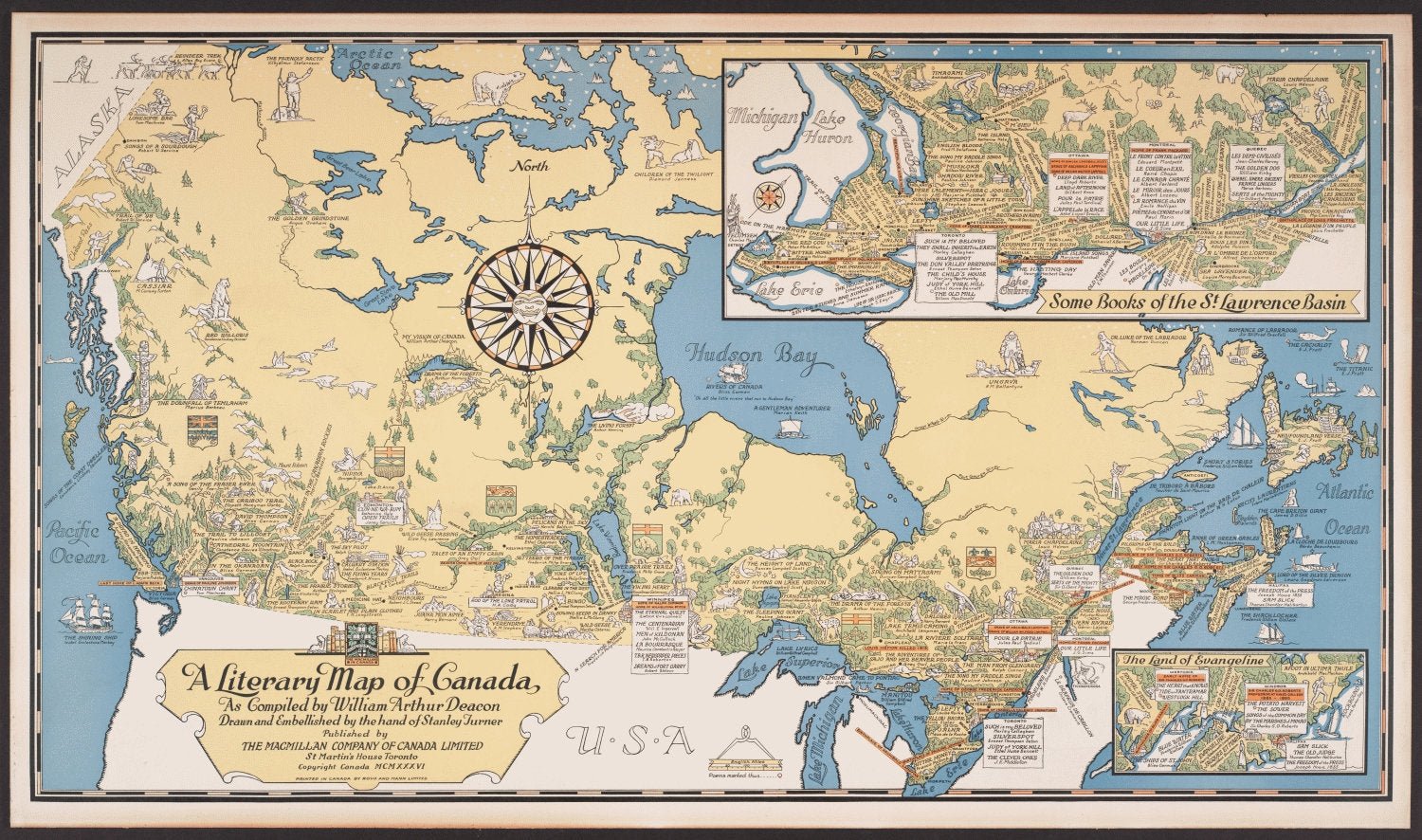 Poster Map Print on heavy Canvas, A Literary Map of Canada,1936, 22x27" approx. - The Map Chest