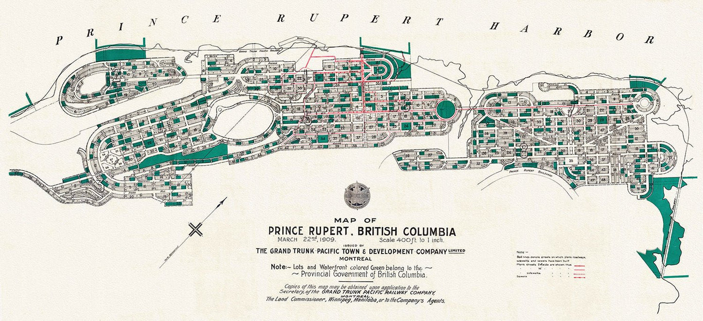 Prince Rupert Harbour, 1909 Ver. II, map on heavy cotton canvas, 50 x 70cm, 20 x 25" approx. - The Map Chest