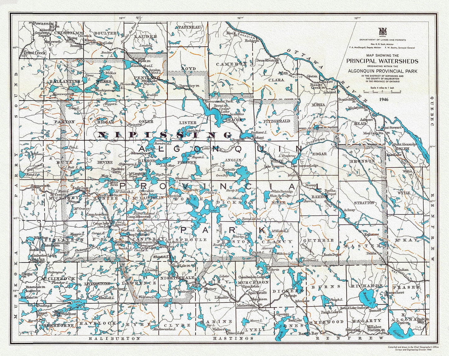 Principal Watersheds Originating within the Algonquin Provincial Park, 1946, map on heavy cotton canvas, 22x27" approx. - The Map Chest
