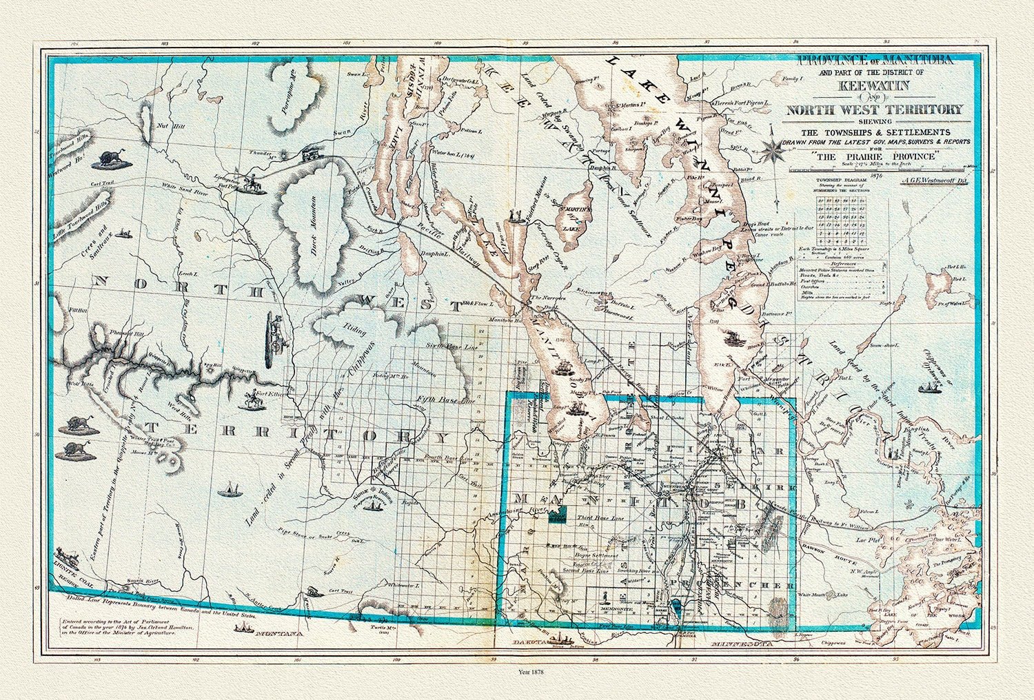 Province of Manitoba District of Keewatin, 1878, , map on heavy cotton canvas, 22x27" approx. - The Map Chest