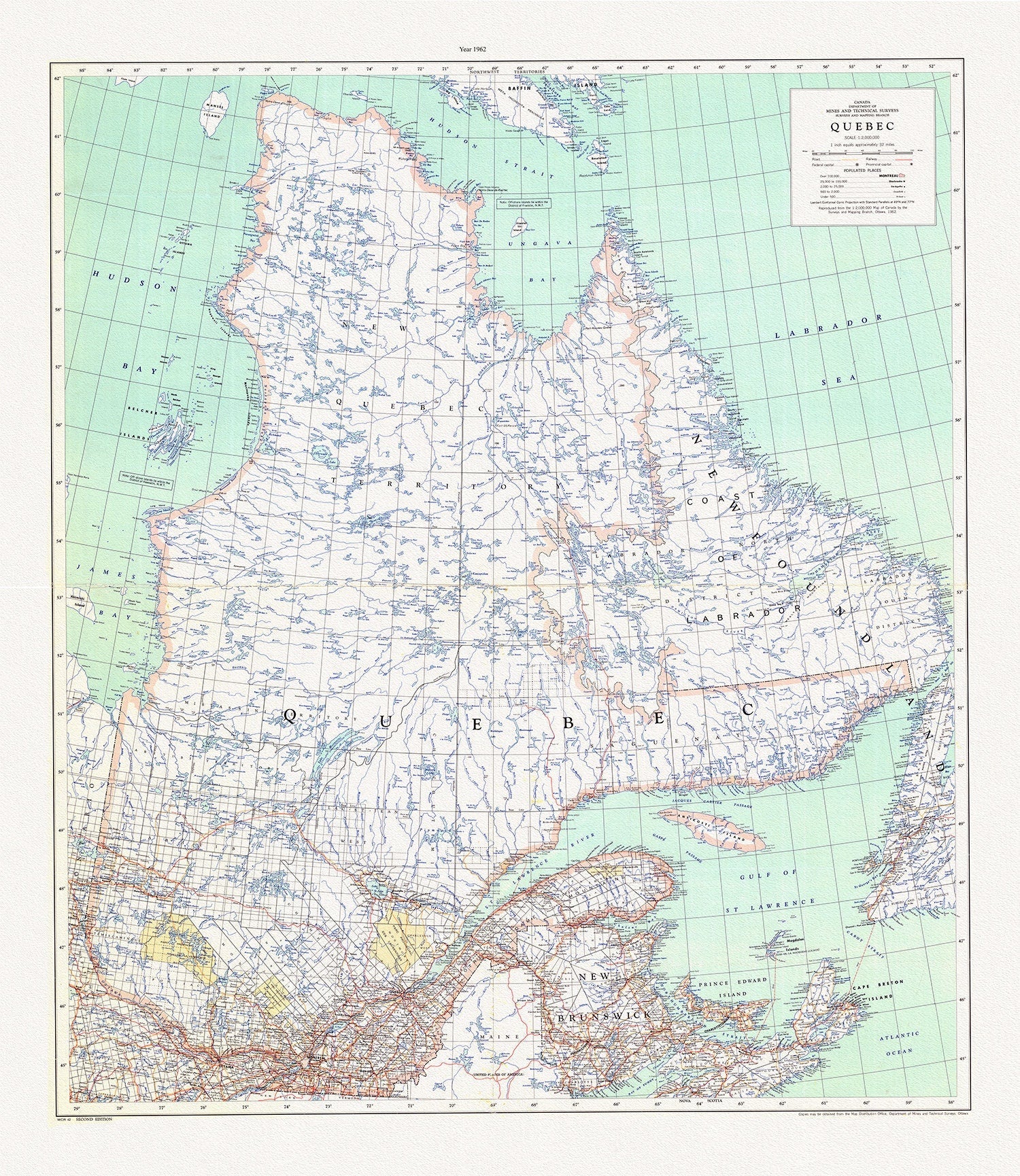 Québec, 1962, map on durable cotton canvas, 50 x 70 cm, 20 x 25" approx. - The Map Chest