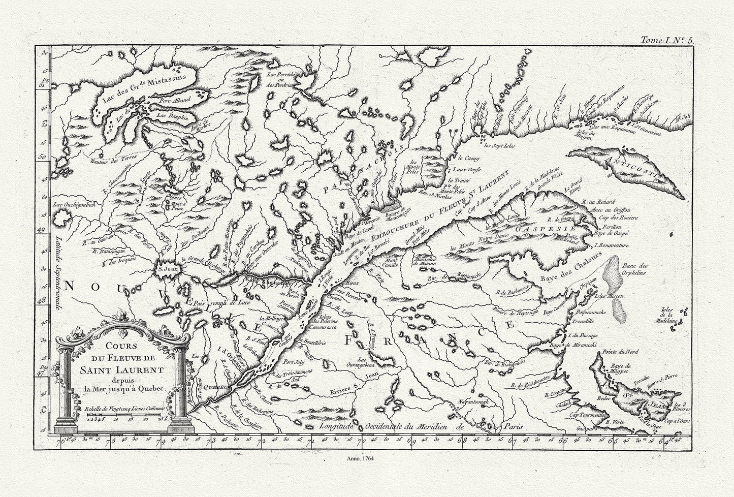 Quebec: Bellin, Cours du Fleuve de Saint Laurent, Depuis la Mer Jusque a Quebec, 1764, map on heavy cotton canvas, 22x27" approx. - The Map Chest