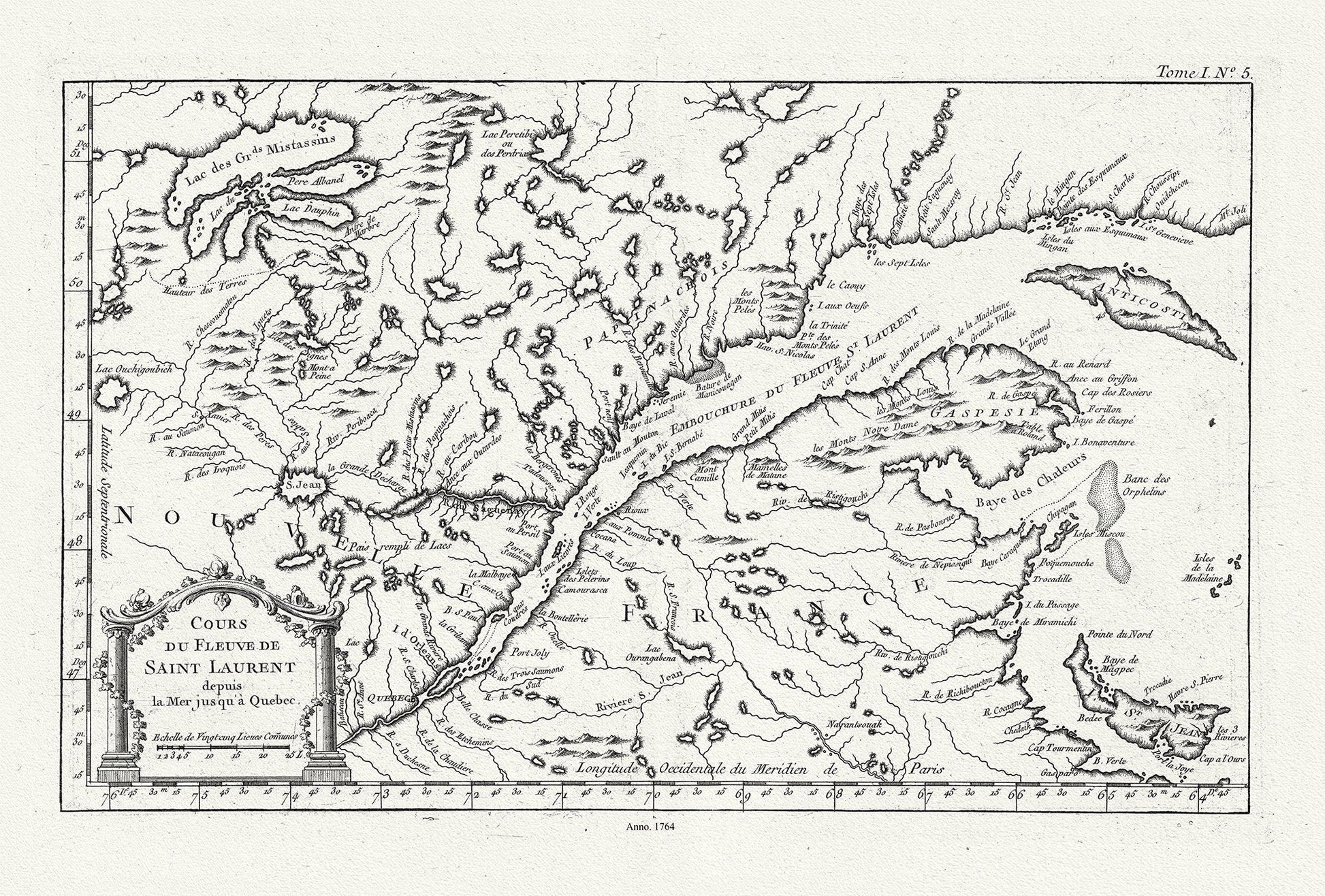 Quebec: Bellin, Cours du Fleuve de Saint Laurent, Depuis la Mer Jusque a Quebec, 1764, map on heavy cotton canvas, 22x27" approx. - The Map Chest