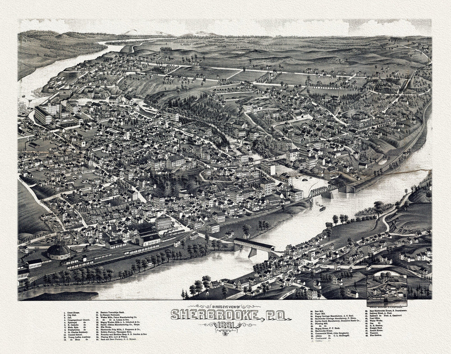 Quebec: Bird's eye view of Sherbrooke, P.Q., 1881 , map on heavy cotton canvas, 22x27" approx. - The Map Chest