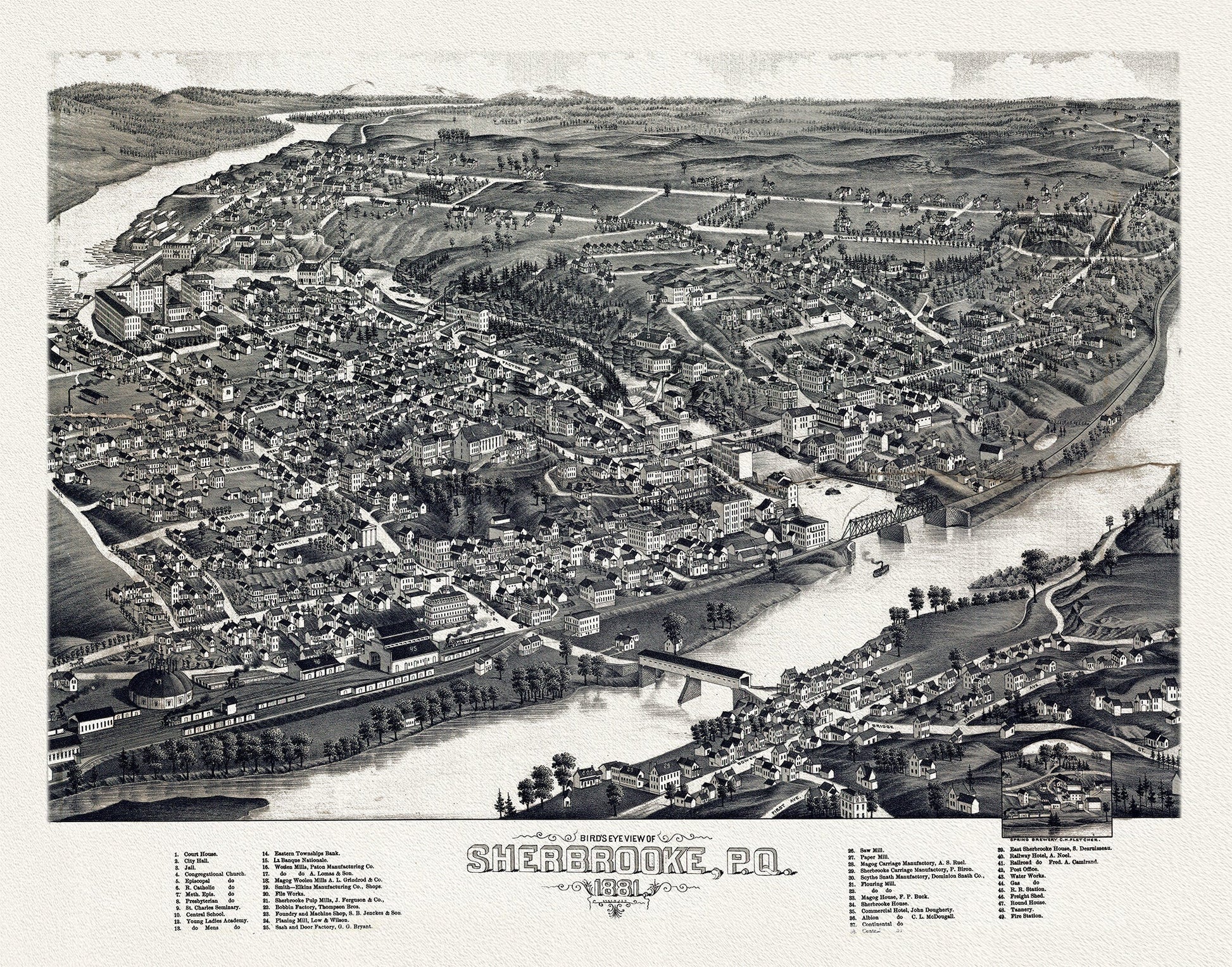 Quebec: Bird's eye view of Sherbrooke, P.Q., 1881 , map on heavy cotton canvas, 22x27" approx. - The Map Chest