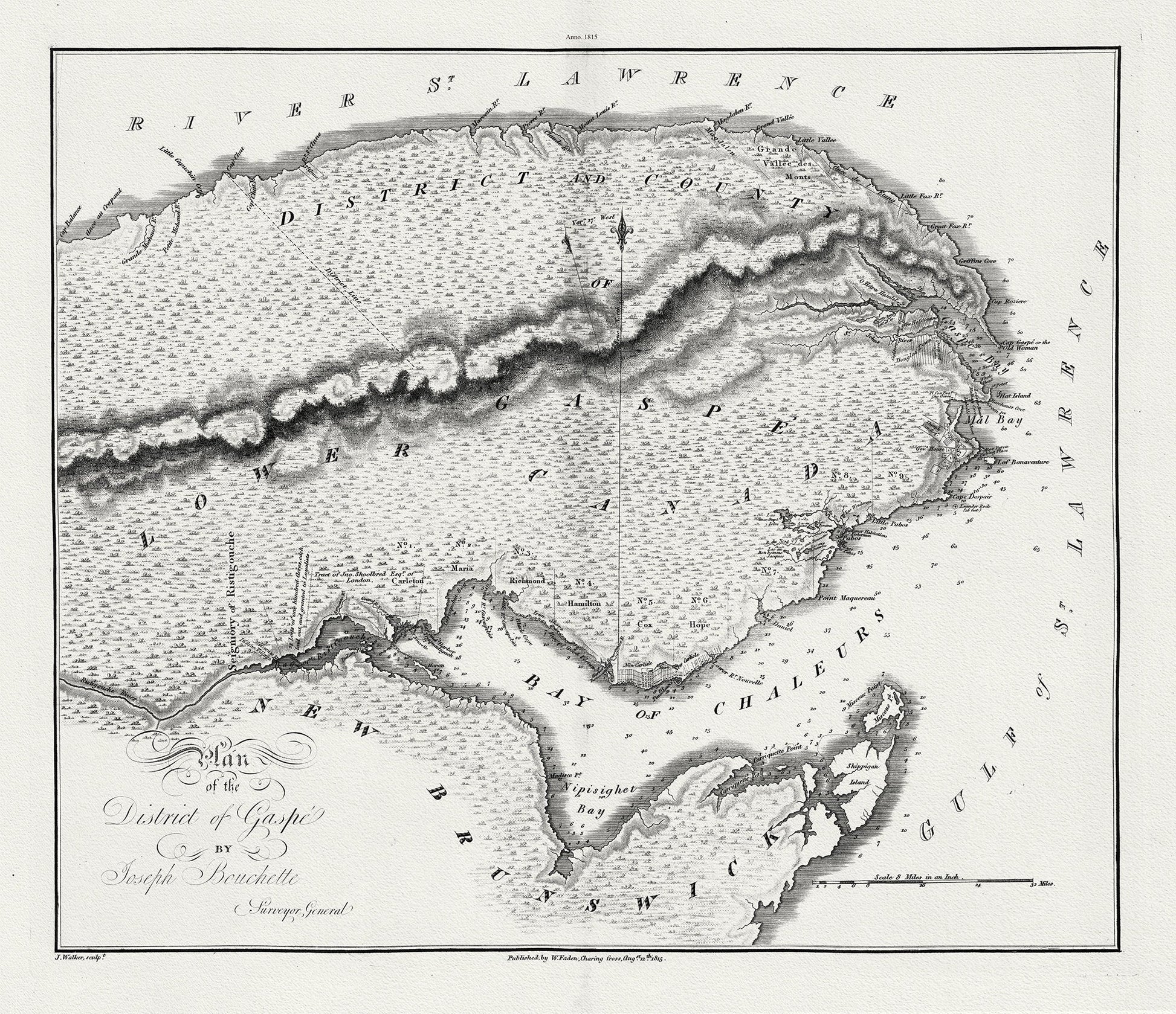 Quebec: Bouchette et Faden, Plan of the District of Gaspe, 1815 , map on heavy cotton canvas, 22x27" approx. - The Map Chest
