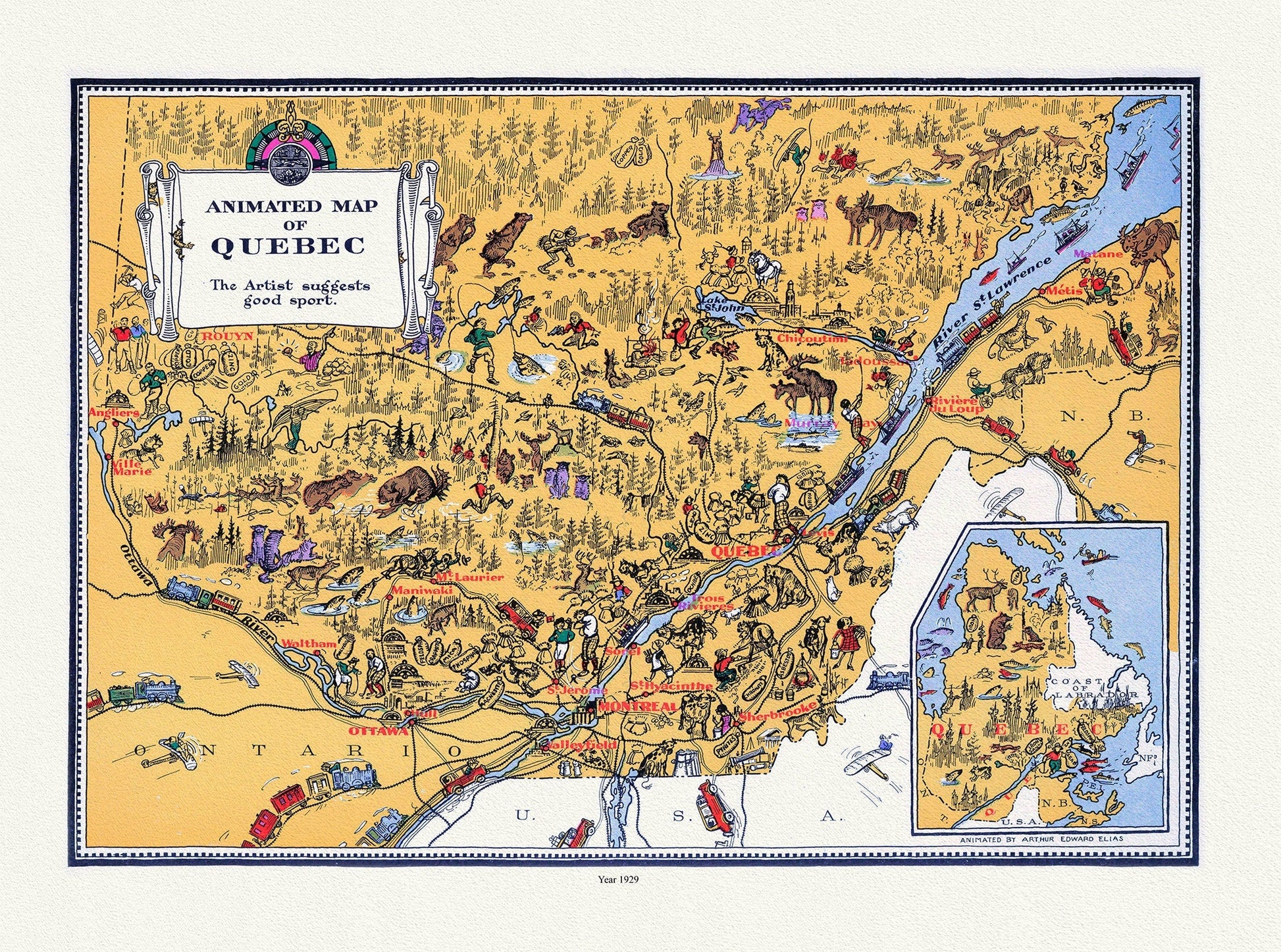 Quebec: Master et Elias, An Animated Map of Quebec, 1929 , map on heavy cotton canvas, 22x27" approx. - The Map Chest