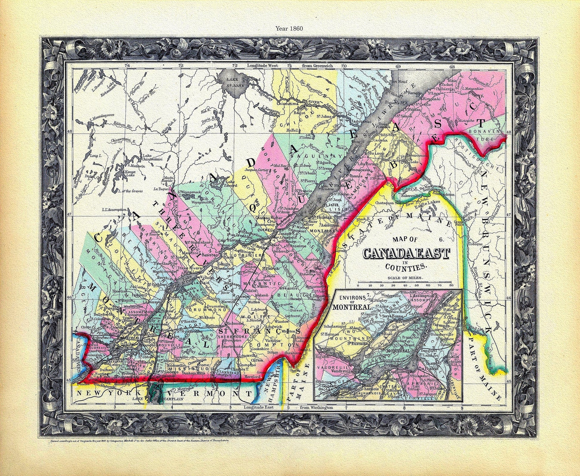 Quebec: Mitchell, Map Of Canada East In Counties, 1860 , map on heavy cotton canvas, 22x27" approx. - The Map Chest