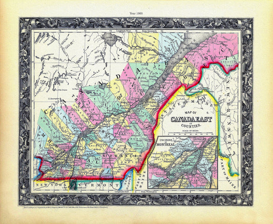 Quebec: Mitchell, Map Of Canada East In Counties, 1860 , map on heavy cotton canvas, 22x27" approx. - The Map Chest